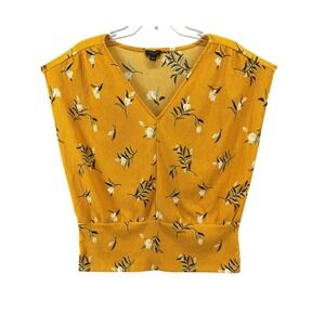 Ann Taylor Shirt Sz L Mustard Yellow Floral V Neck Cap Sleeve Smocked Waist